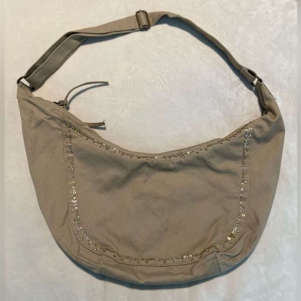 Beige Denim Shoulder Bag with Sequin Accents
